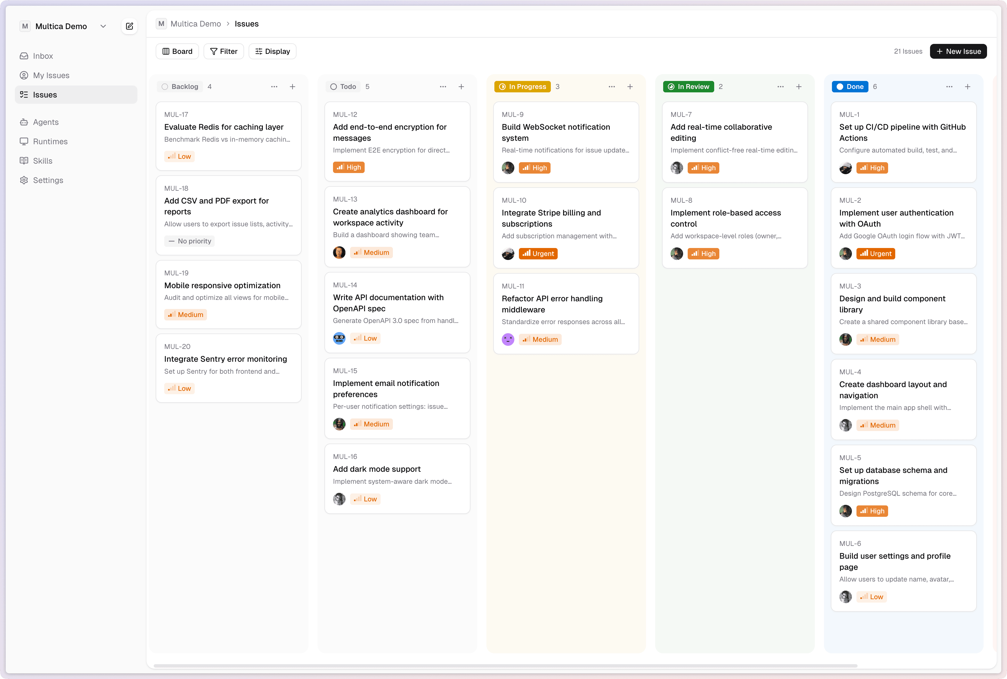 Soyine board view — agents handling internal workflow tasks alongside the team